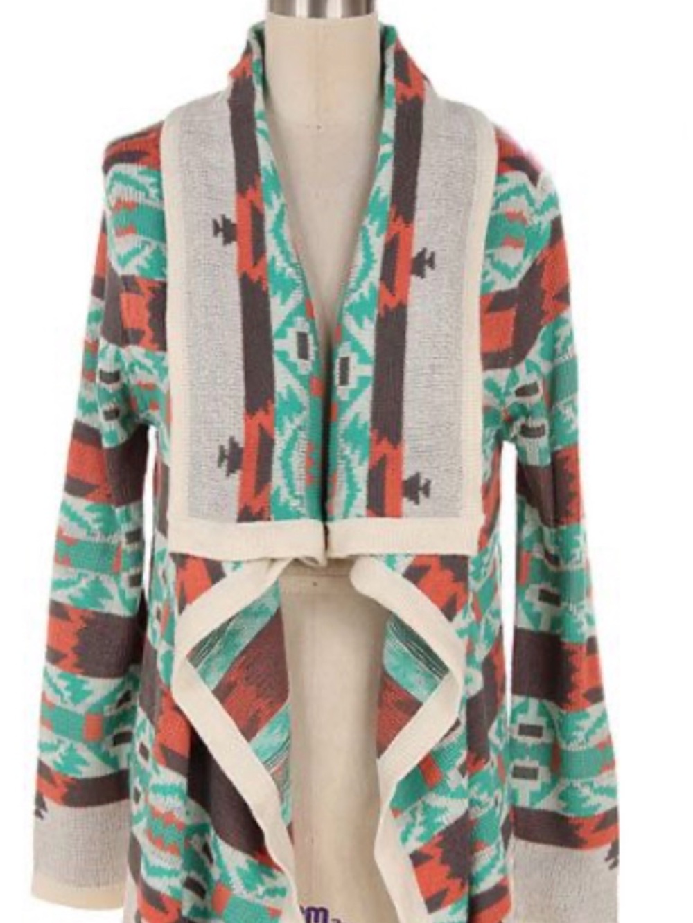 Open-Front Aztec Print Cardigan Sweater - Teal, Rust & Cream